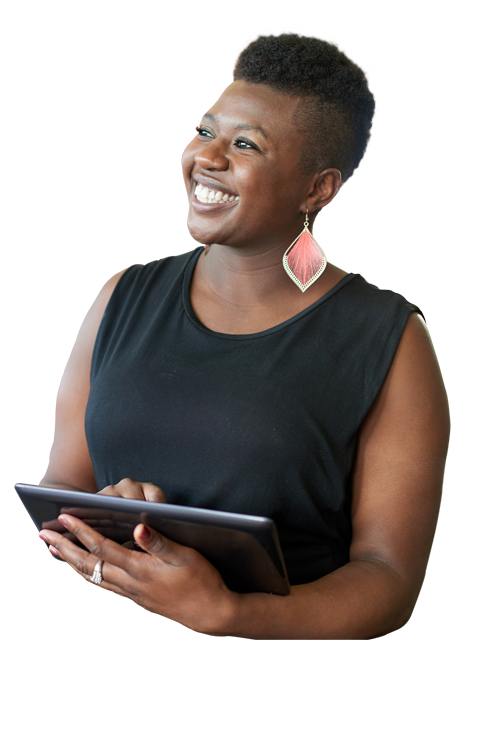 Smiling Black woman holding tablet