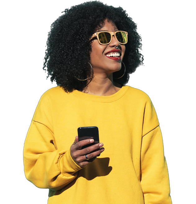 Hip Black woman smile with cell phone in her hand